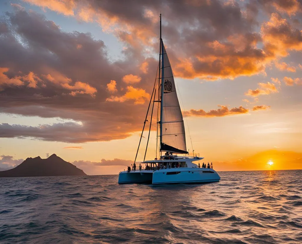 A catamaran sailing into the sunset off the coast of Hawaii