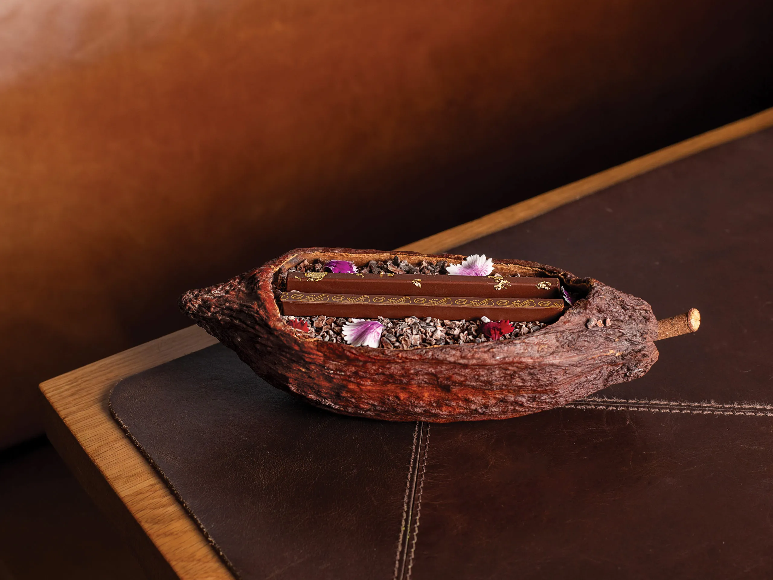 A chocolate dessert is presented inside a hollowed-out cocoa pod.