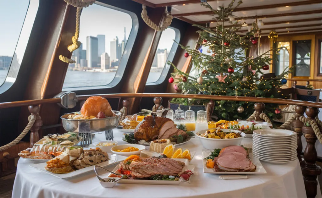 A Christmas themed buffet table on a harbor cruise in New York City