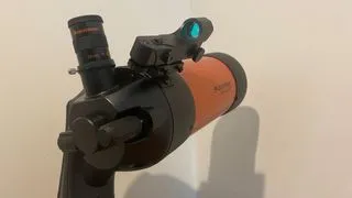 A close up of the finderscope on the Celestron NexStar 4SE amateur astronomy telescope
