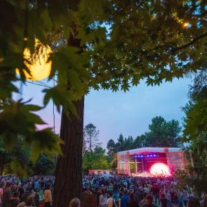a crowd of concertgoers watches a lit up stage among large, leafy trees at an outdoor concert venue, one of the many summer events in Portland Oregon