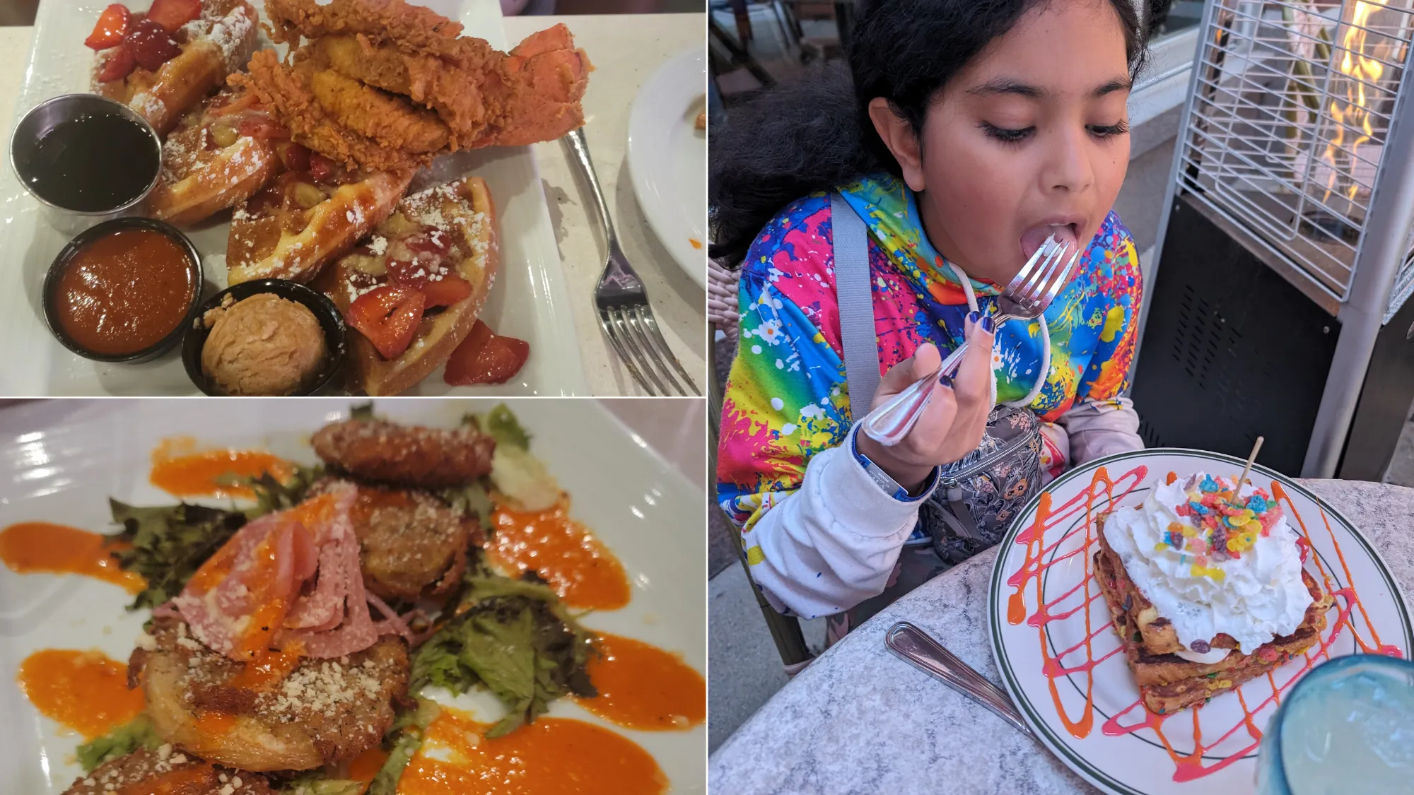 A girl eating French Toast, chicken and waffles, fried green tomatoes