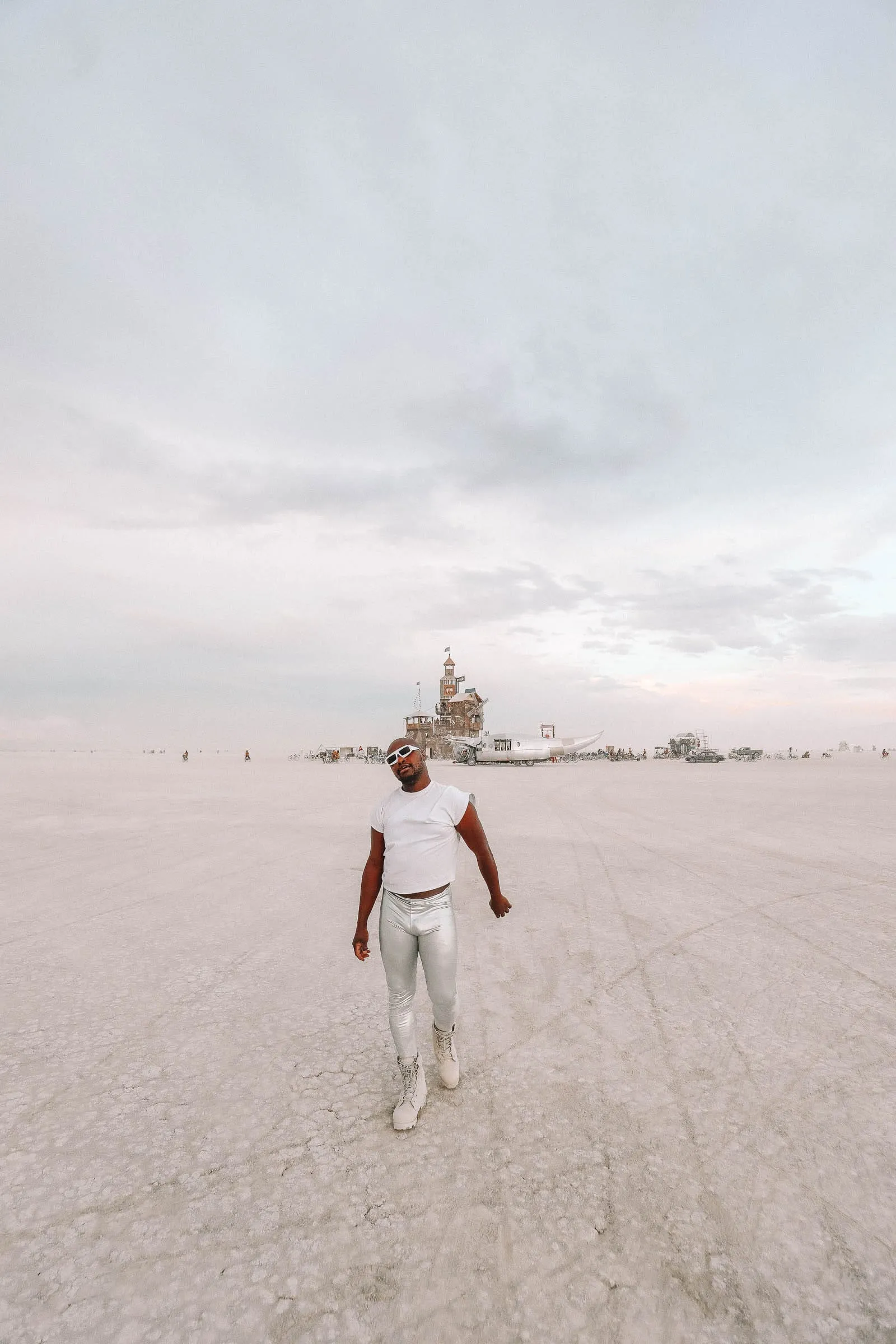 A large art installation being moved across the Black Rock Desert playa at Burning Man