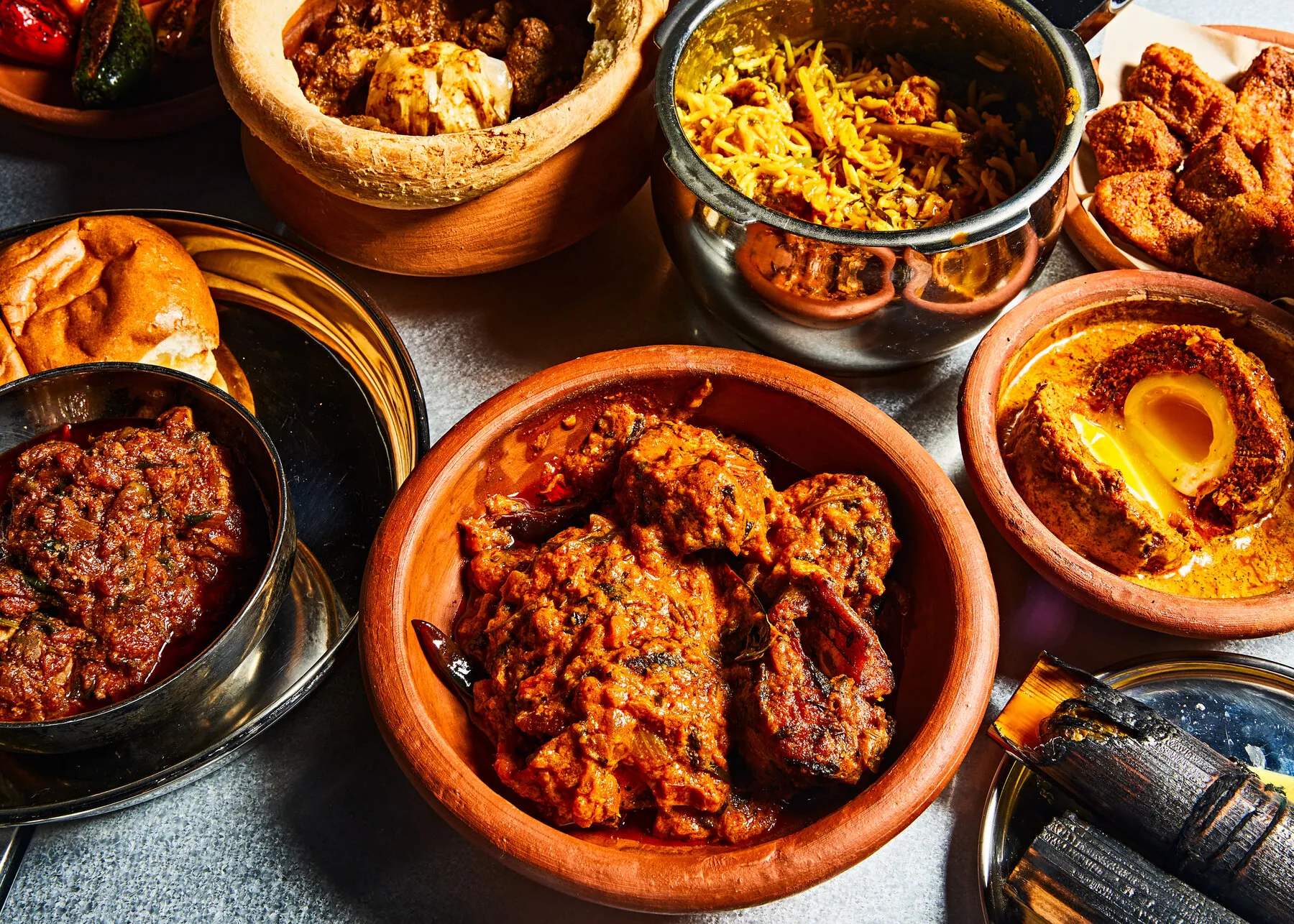 A large pot of Champaran meat curry, a signature fiery dish from Dhamaka.