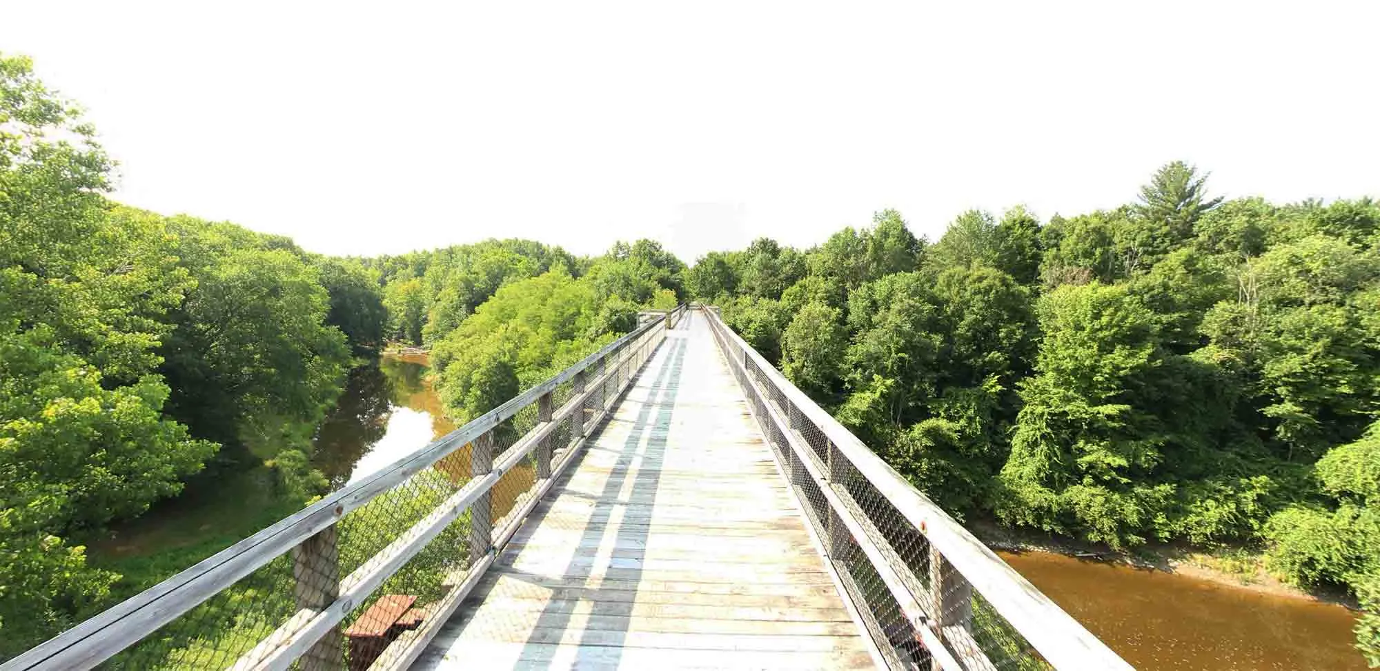 A long trail bridge (trestle) spanning a valley, a highlight of the Wadhams to Avoca Trail
