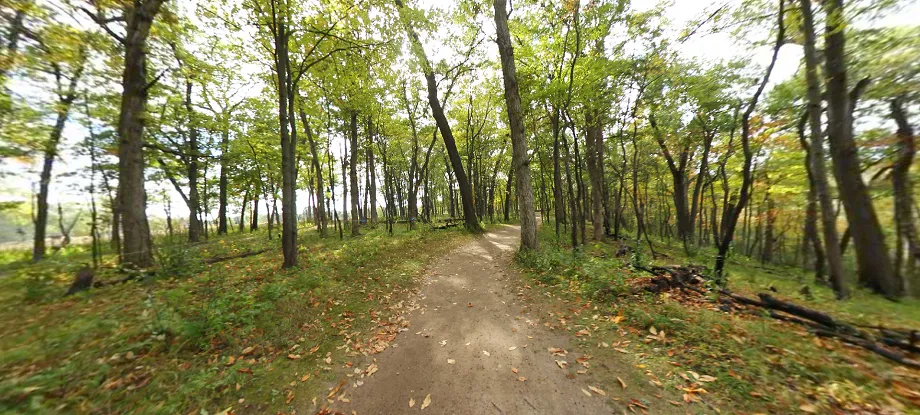 A narrow, unpaved rustic trail winding through a wooded area in Huron Meadows Metropark