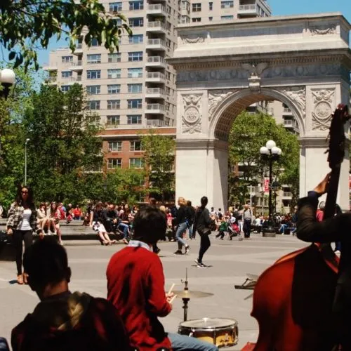 A street view showcasing the charming architecture of Greenwich Village