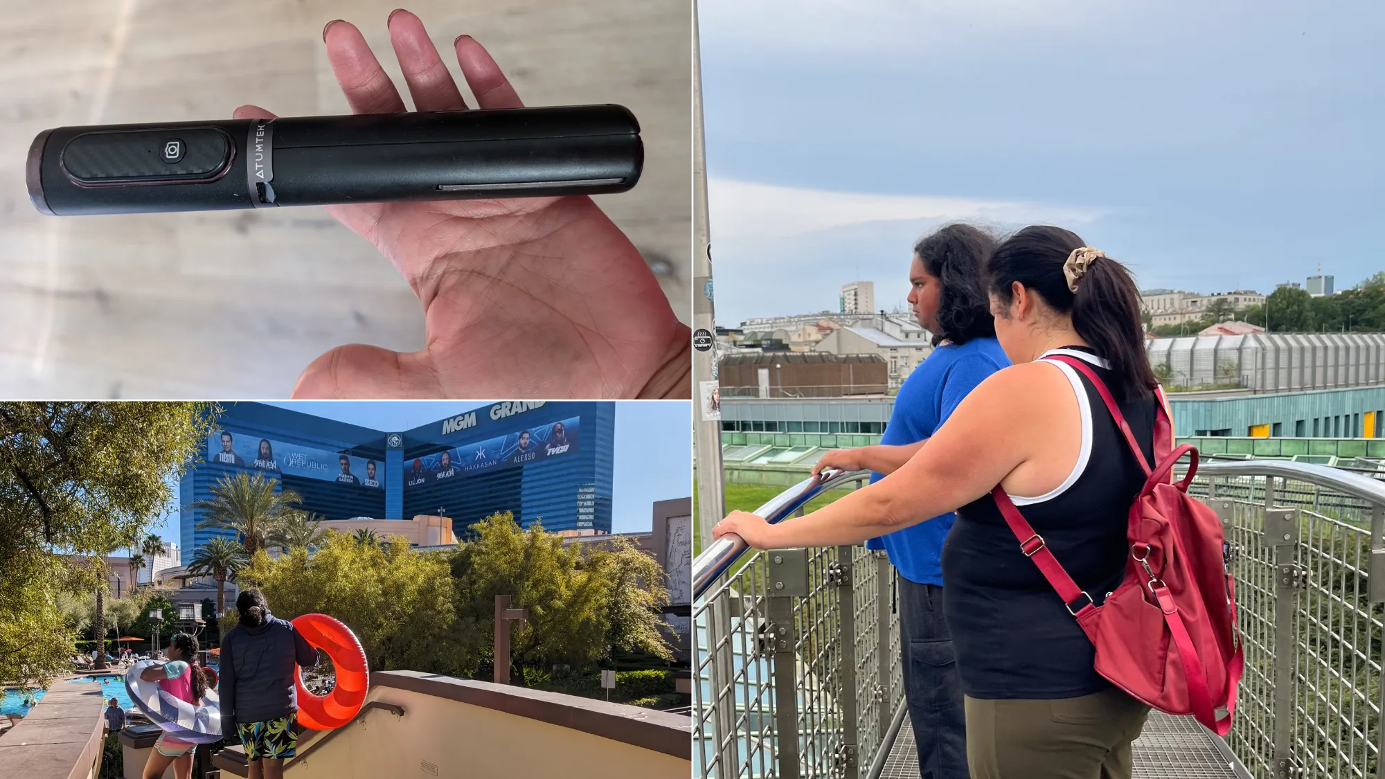 A tripod/selfie-stick, a woman with a red backpack, and two children walking with inner tubes