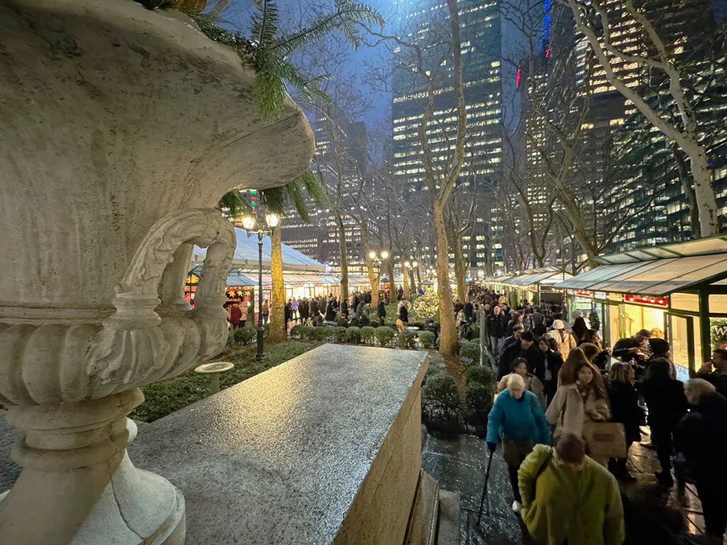 A view of the bustling pop-up village at Bryant Park during the Christmas holidays