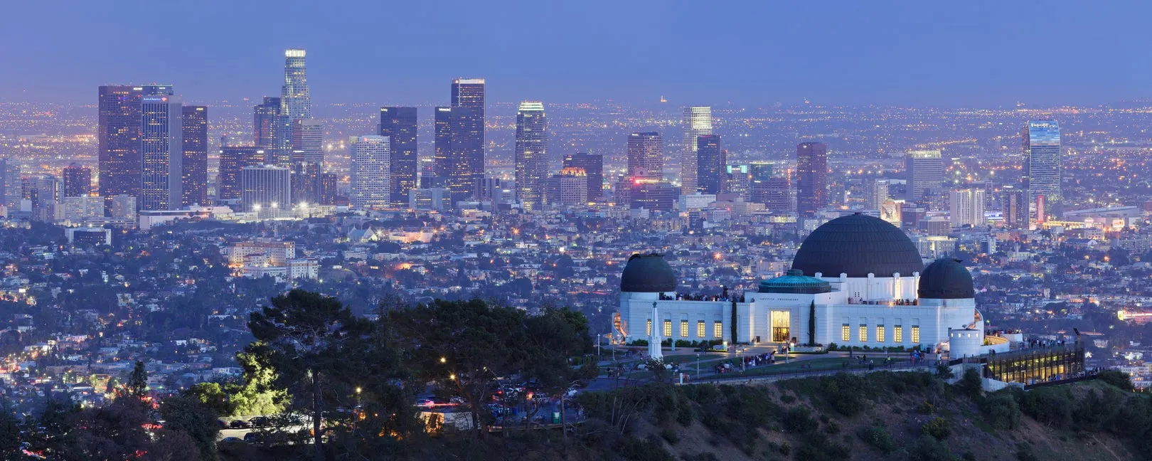 A view of the Griffith Observatory, with downtown LA in the background