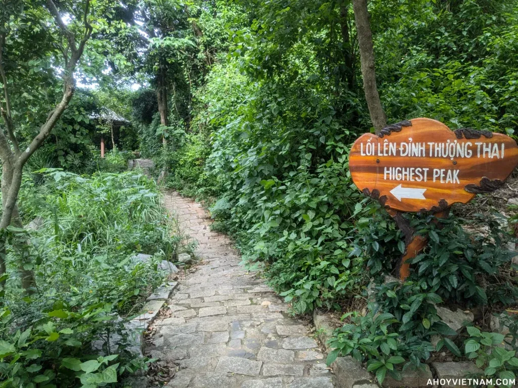 A wooden sign in Vietnamese and English, displaying 