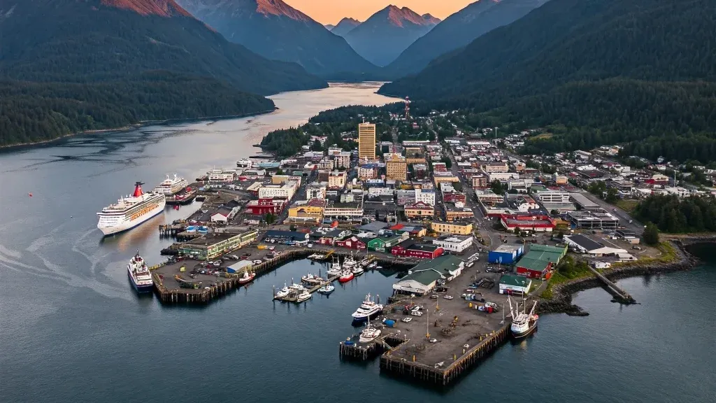 Aerial view of Juneau, Alaska with mountains and water