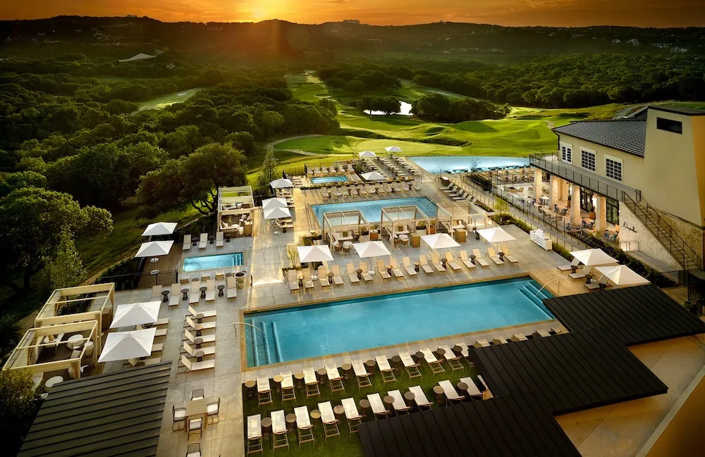 Unforgettable Overnight Summer Camps Austin - A Guide Aerial view of Omni Barton Creek Resort & Spa golf course and grounds near Austin, Texas