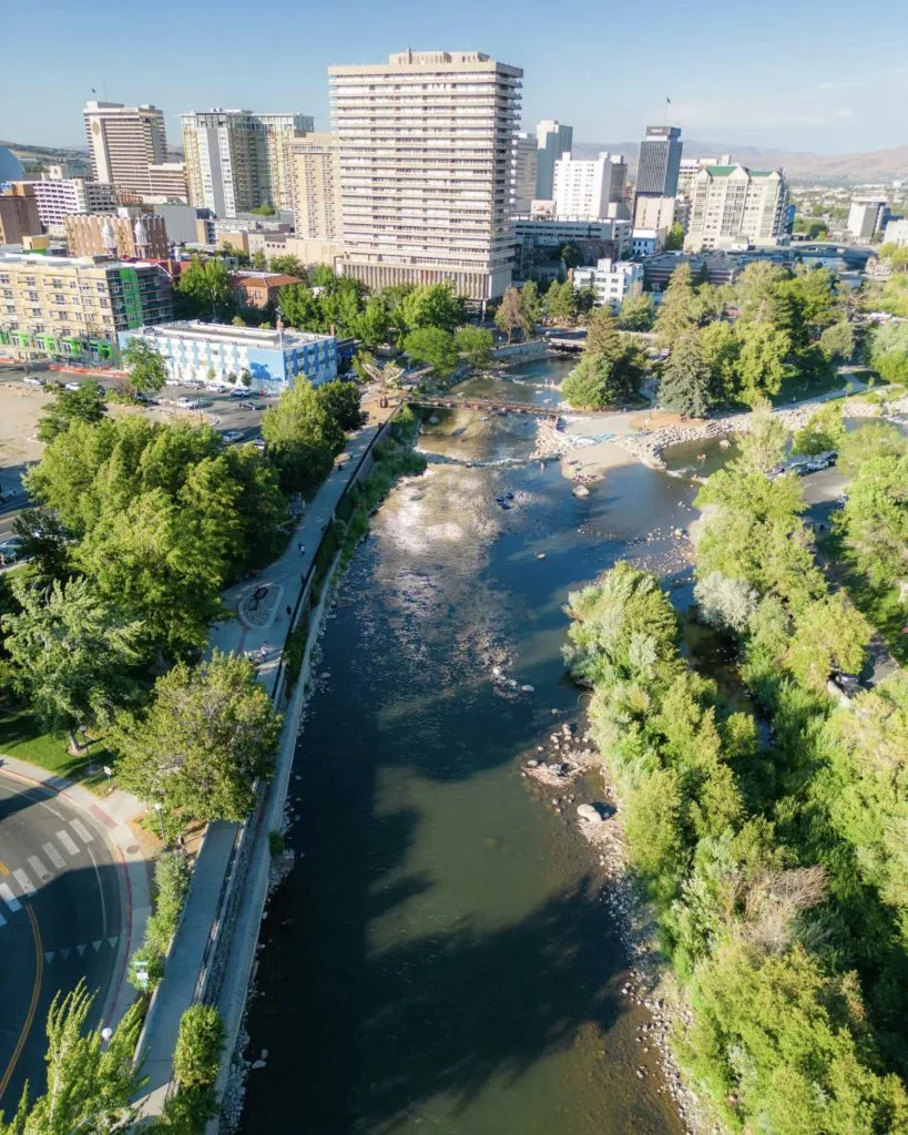 Aerial view of the Truckee River flowing through downtown Reno