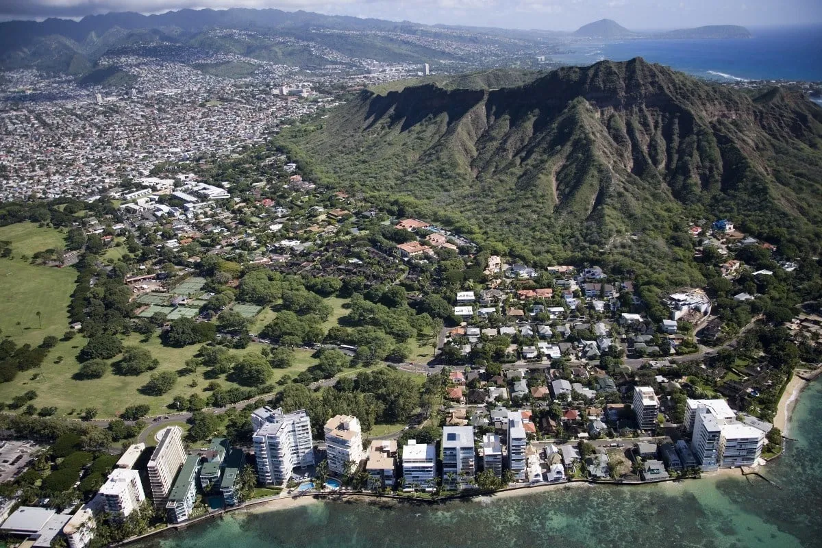 Aerial view of Waikiki Beach and Honolulu city with Diamond Head in the background.
