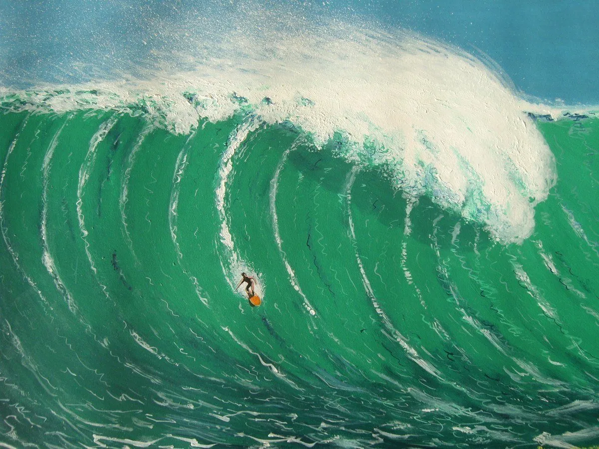 An abstract painting depicting a large wave and surfers.