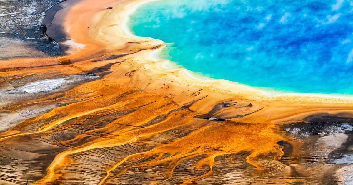 An aerial view of Grand Prismatic Spring at Yellowstone National Park.