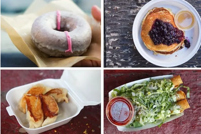 An assortment of various New York foods to try, including noodles and other dishes