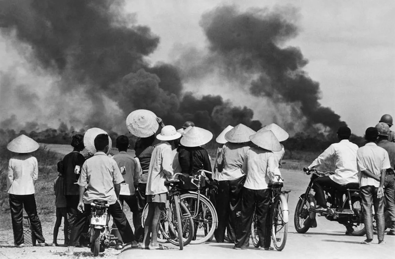An old photograph showing damaged buildings during the Vietnam War.