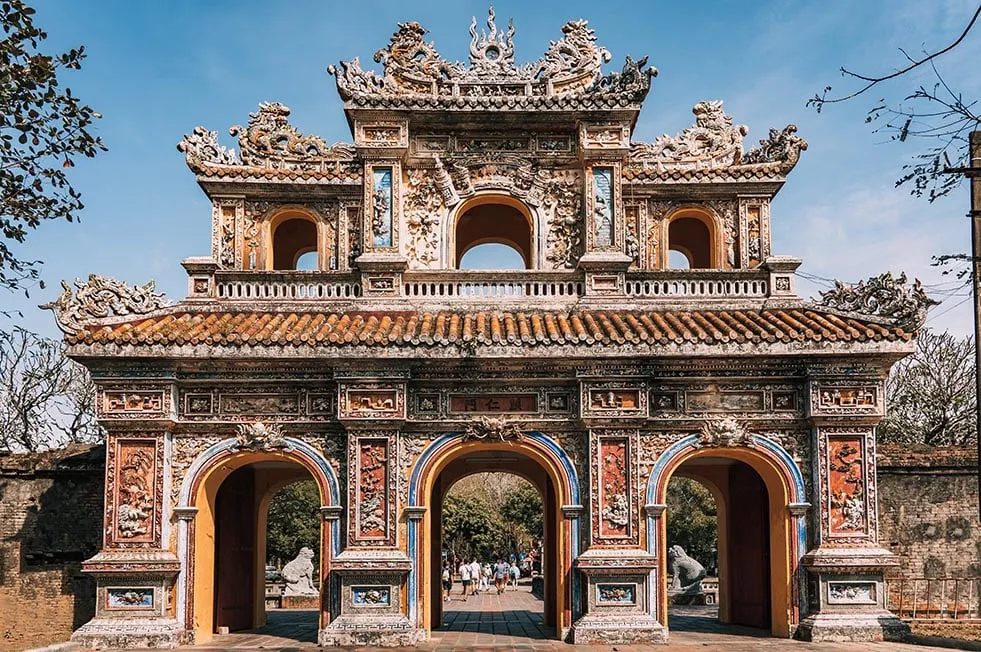 An ornate historical gateway at the Citadel in Hue, Vietnam.