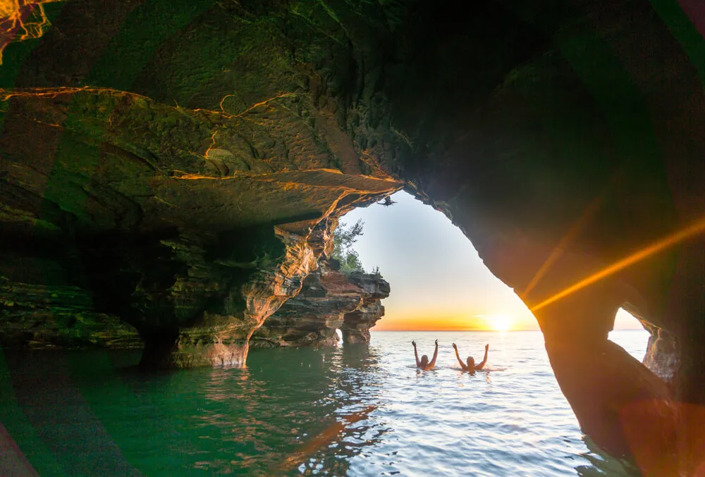 Apostle Islands sea caves in Wisconsin, accessible from Bayfield, a picturesque destination for single women's trips