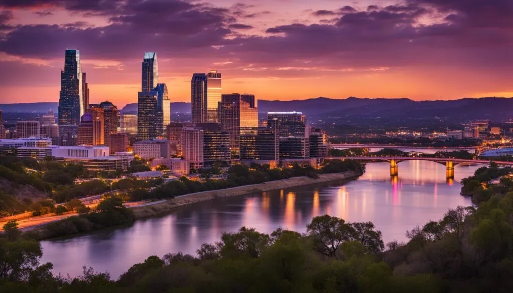 Austin skyline at sunset, a vibrant city honeymoon option in Texas