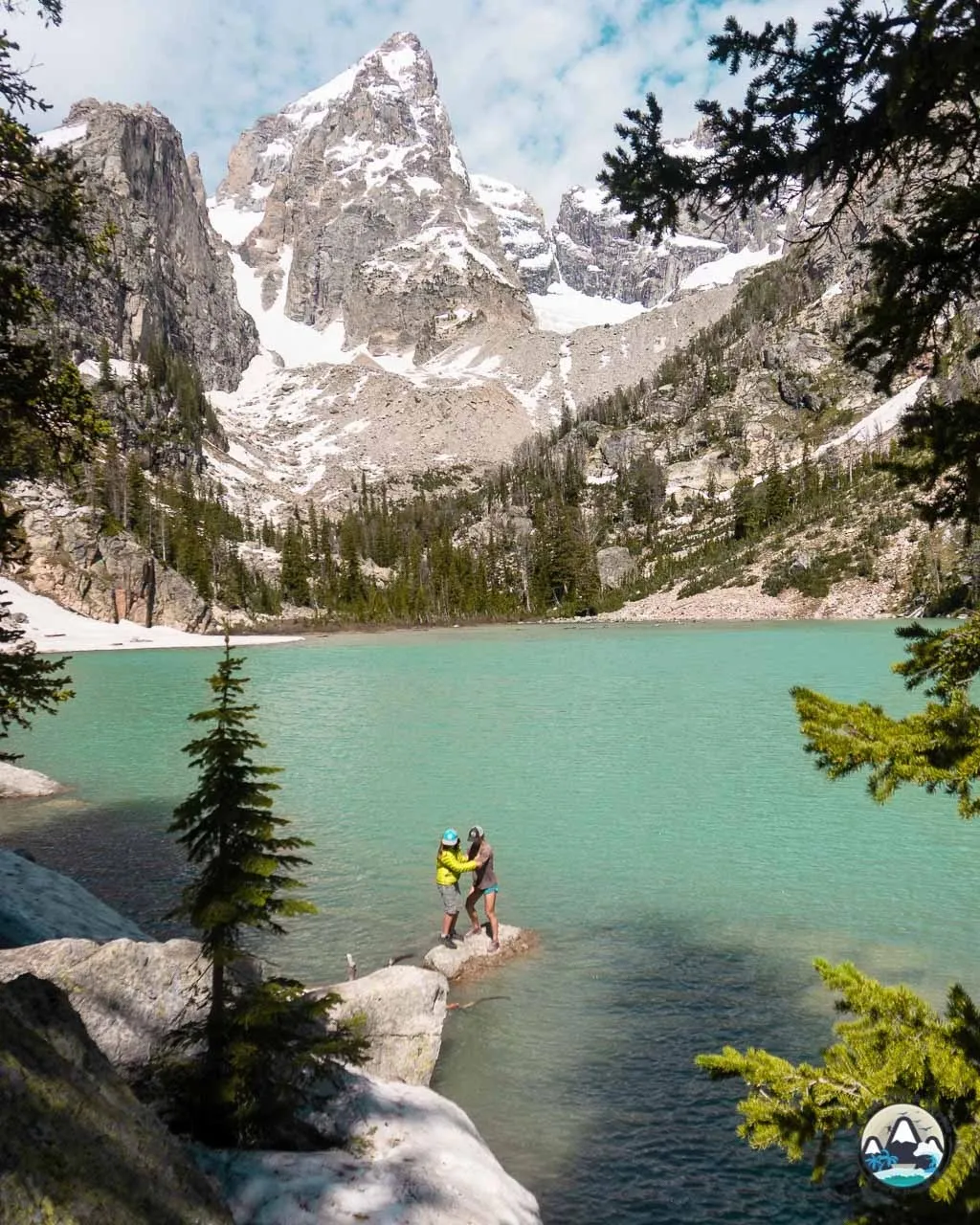 Beautiful emerald-blue Delta Lake in Grand Teton National Park, a popular Wyoming hiking destination