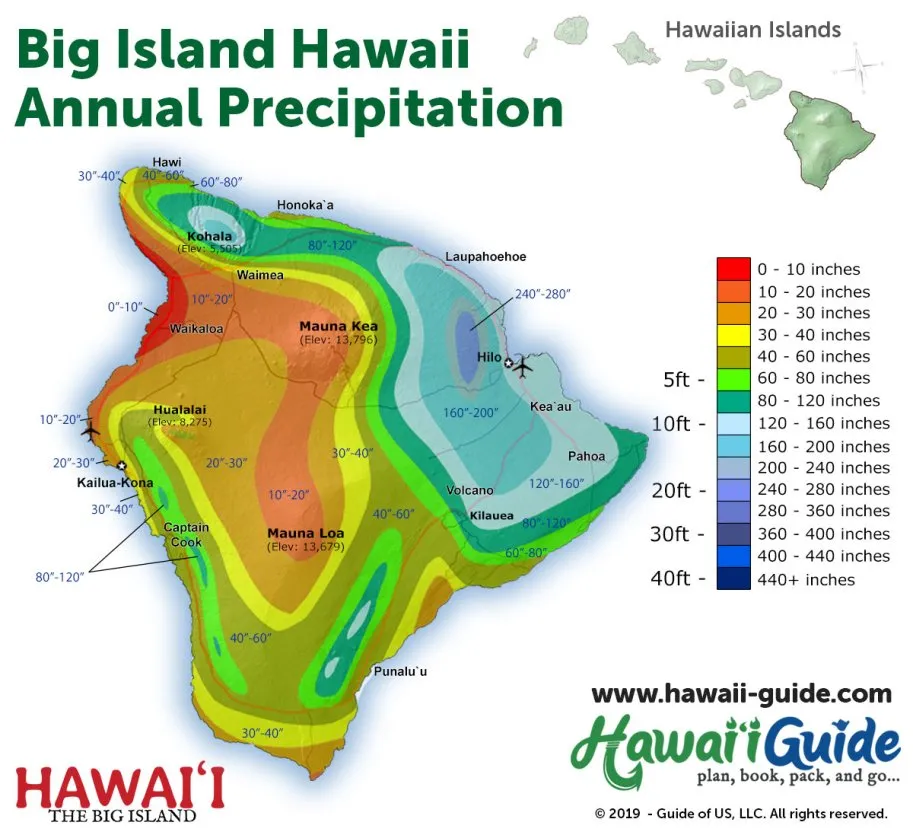 Big Island Annual Precipitation Map illustrating diverse climate zones