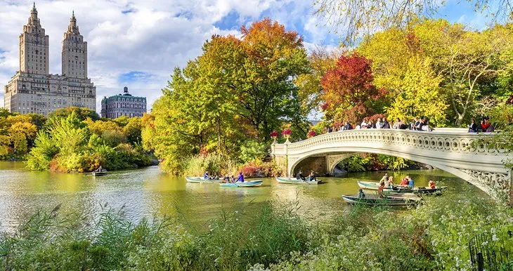 Boats on The Lake with Bow Bridge in Central Park, New York City.