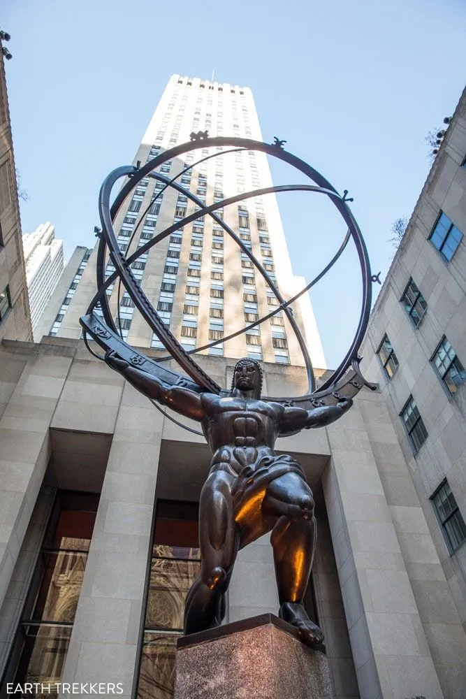 Bronze statue of Atlas holding the celestial sphere at Rockefeller Center