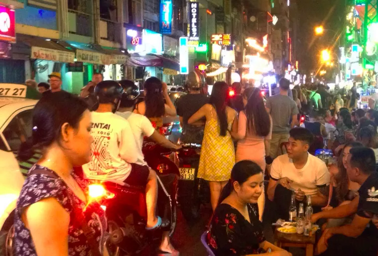 Bustling scene on Bui Vien Walking Street, a core area for Ho Chi Minh City Backpackers