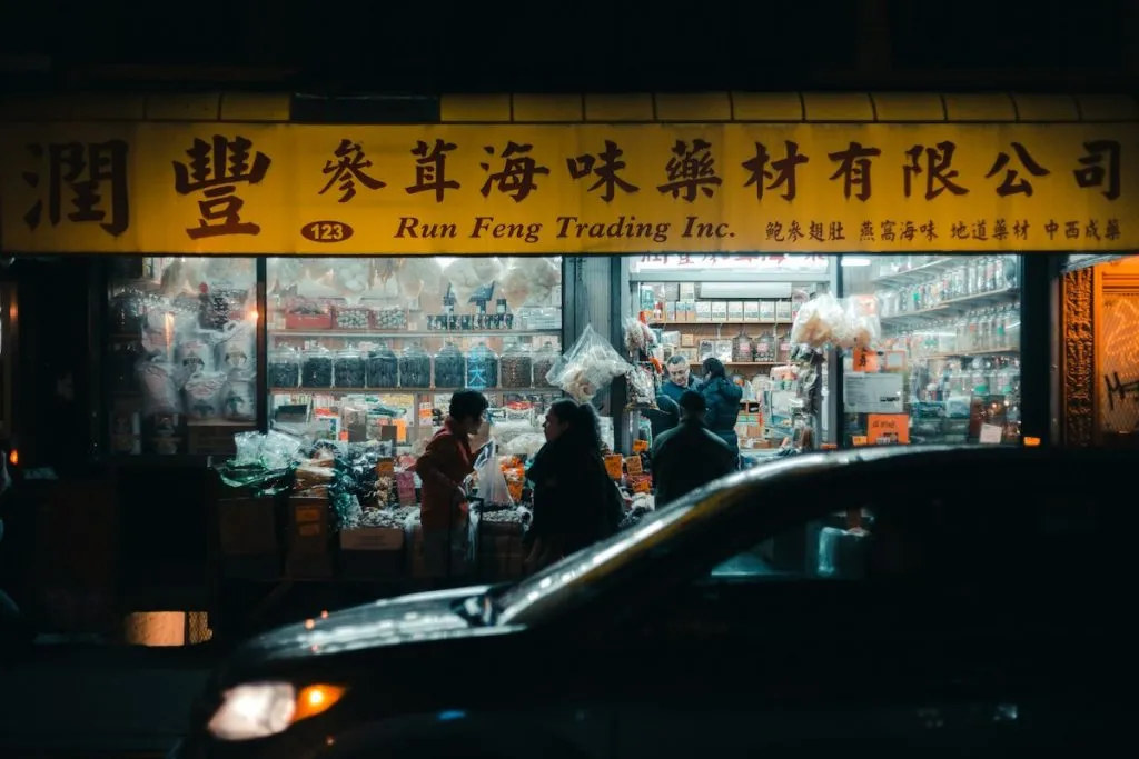 Bustling shops and stalls offering goods on Canal Street in NYC's Chinatown