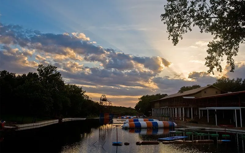 Camp Longhorn's signature &quot;blob&quot; activity on Inks Lake