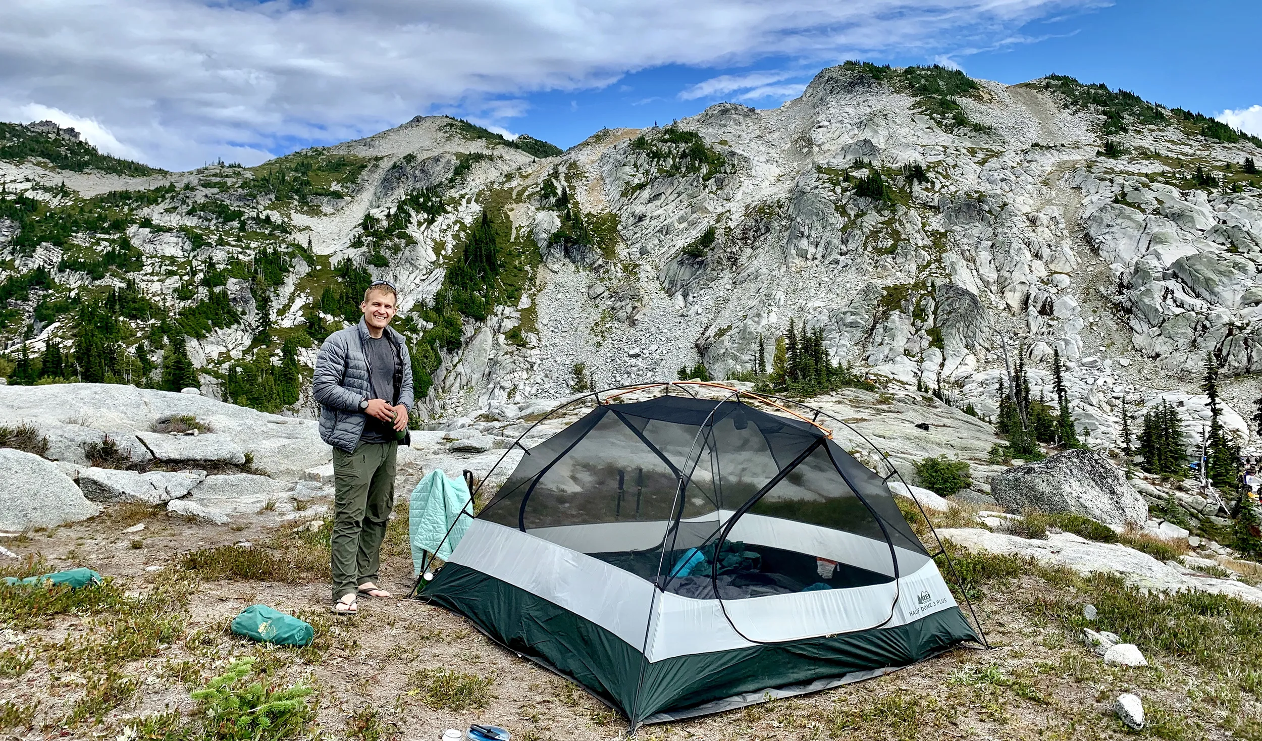 Campsite view overlooking Robin Lakes during an overnight backpacking Washington trip