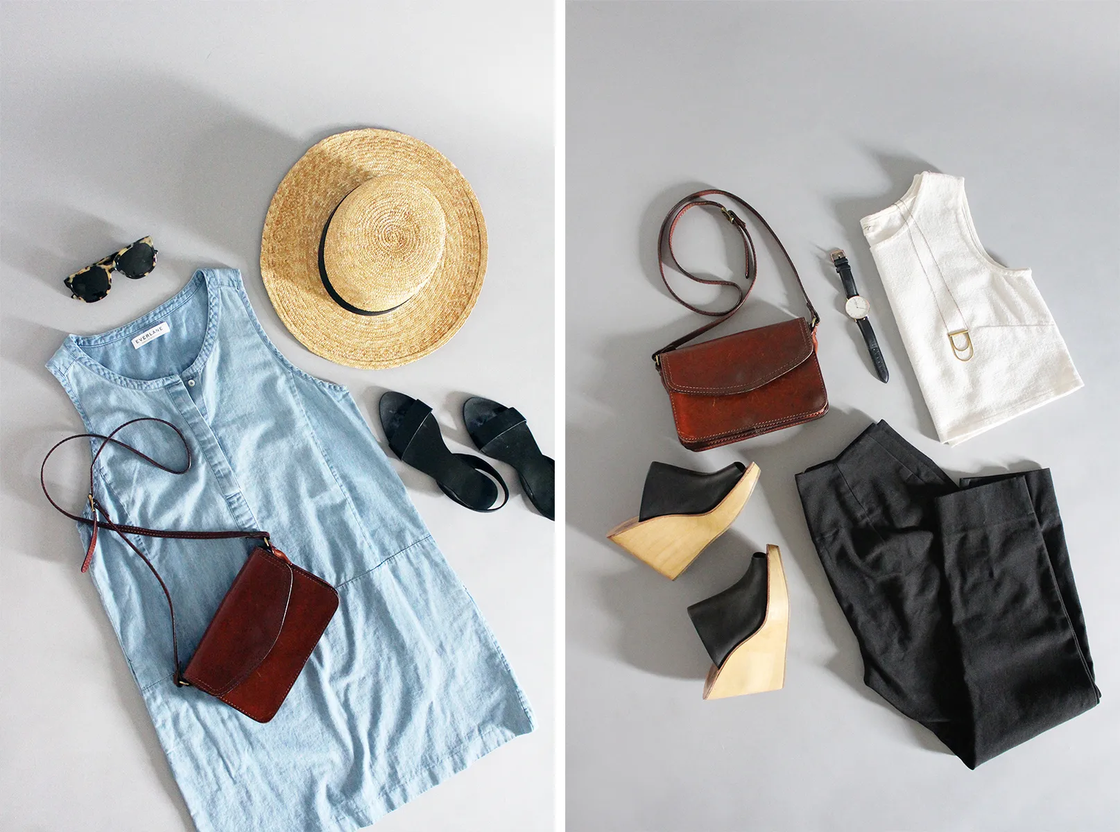 Casual travel outfit with denim dress and hat