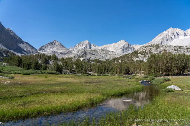 Chain of alpine lakes surrounded by rugged peaks in Little Lakes Valley, Sierra Nevada