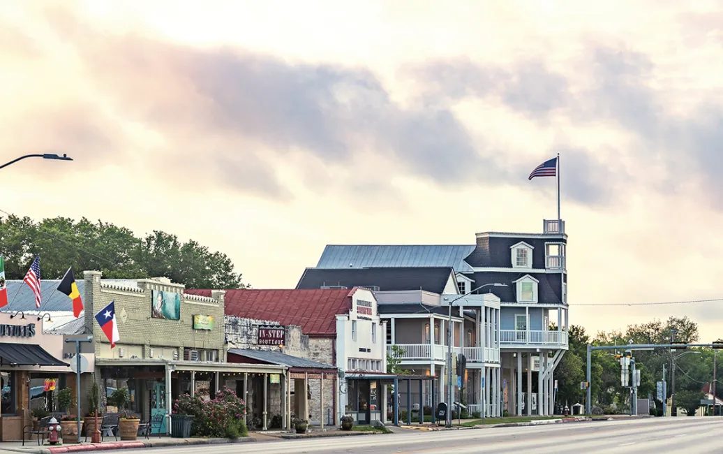 Charming street scene in Fredericksburg, Texas Hill Country, known for its mild spring and fall weather.