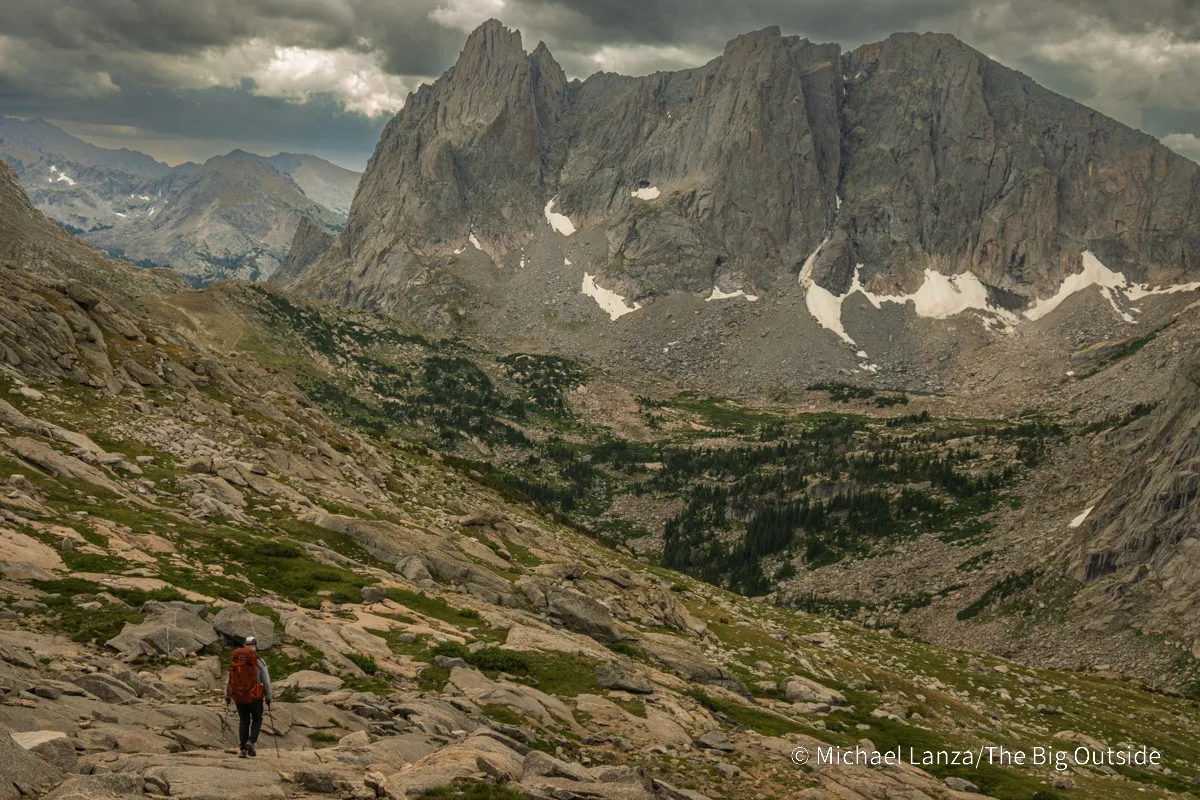 Chip Roser descending from Texas Pass into the Cirque of the Towers in the Wind River Range, Wyoming