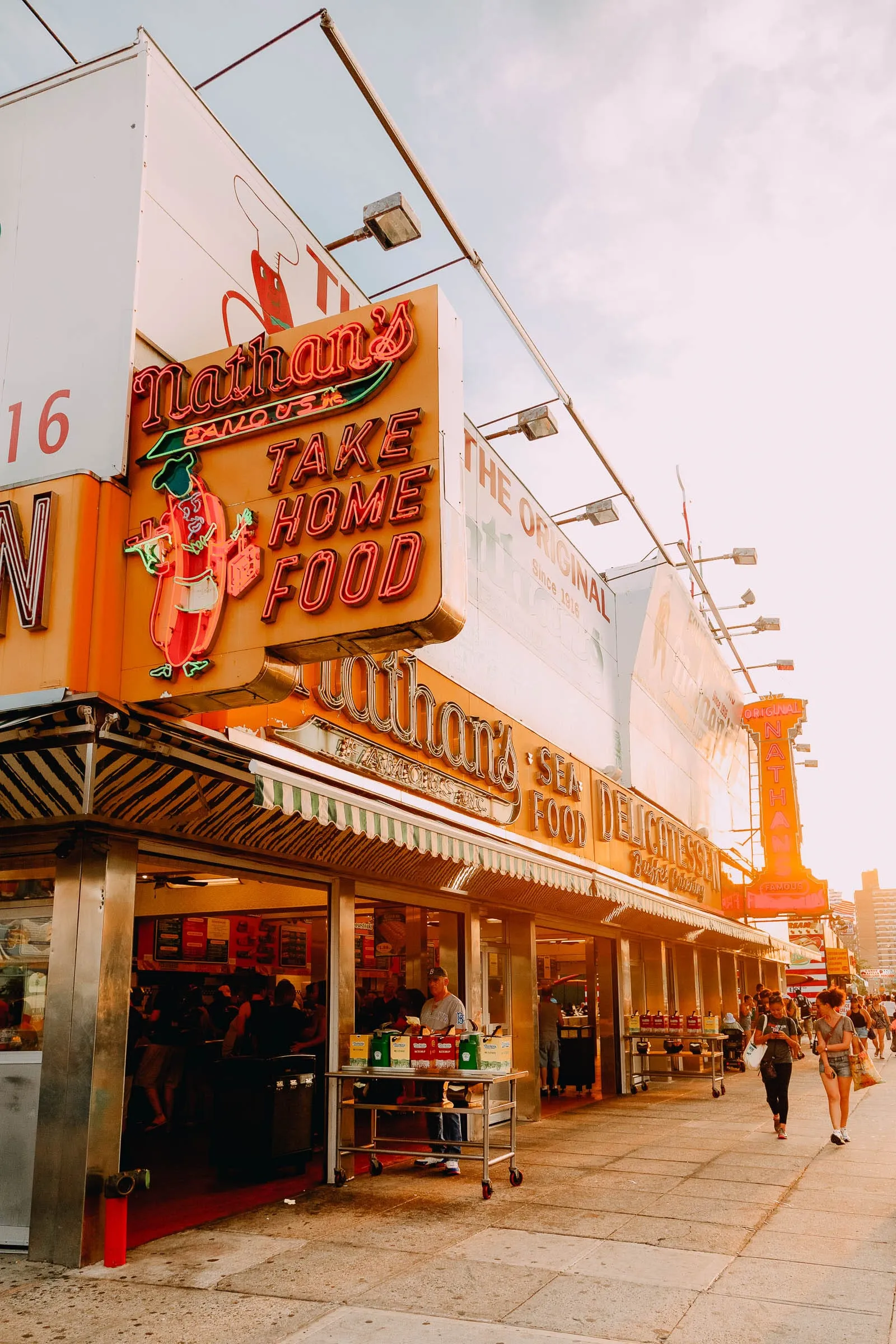 Classic Nathan's Famous hot dog stand on the Coney Island boardwalk
