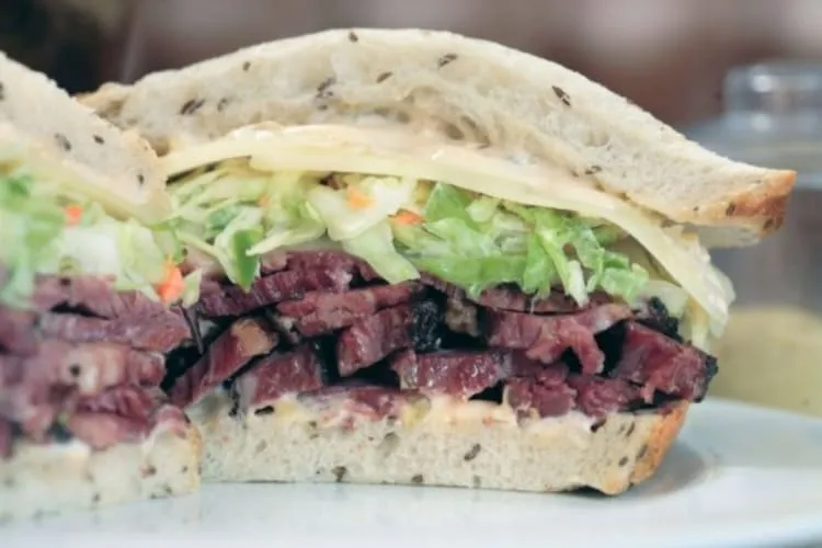 Classic pastrami sandwich from Langer's Deli, one of the famous what foods is los angeles famous for.