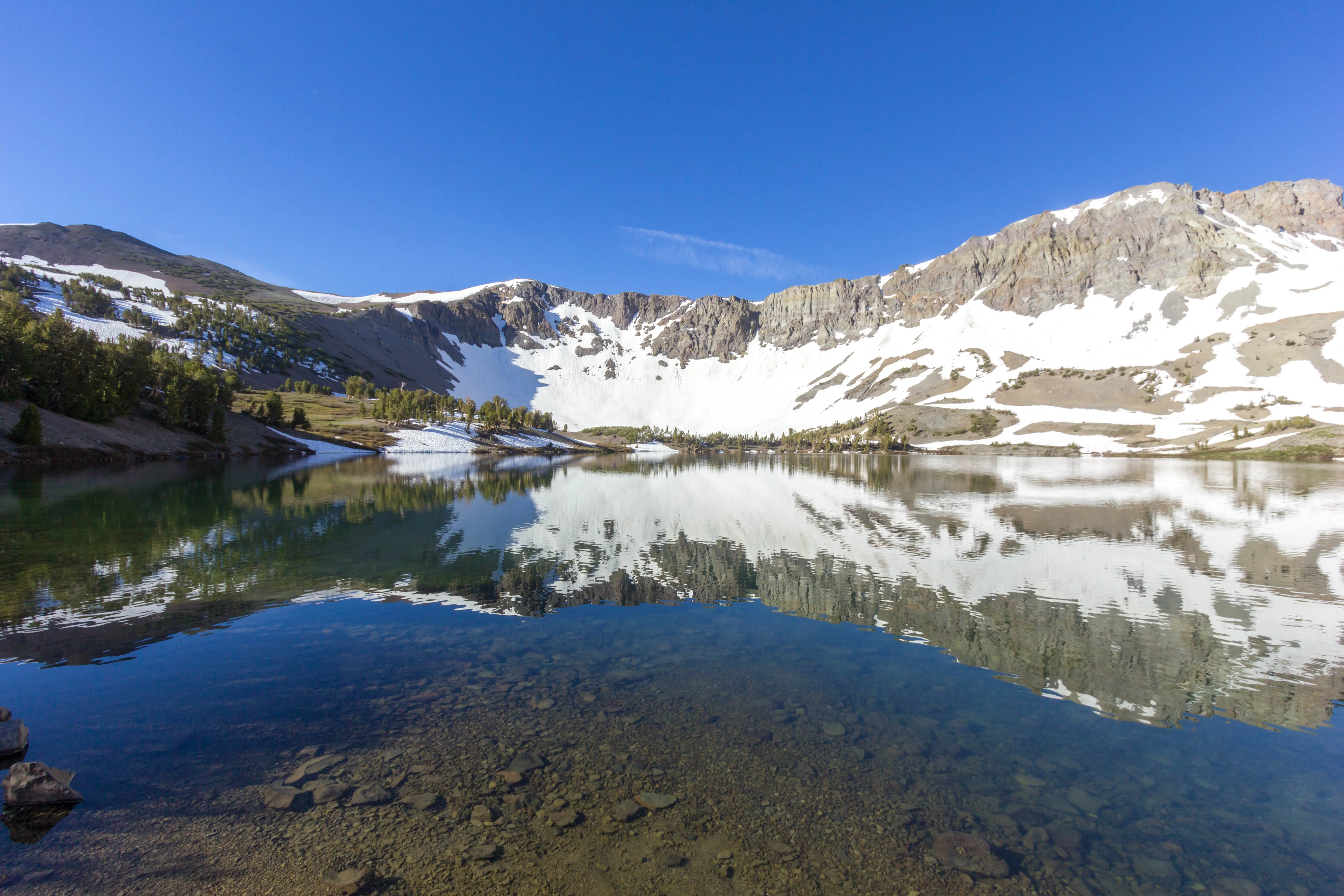 Clear alpine lake surrounded by trees and mountains in Stanislaus National Forest