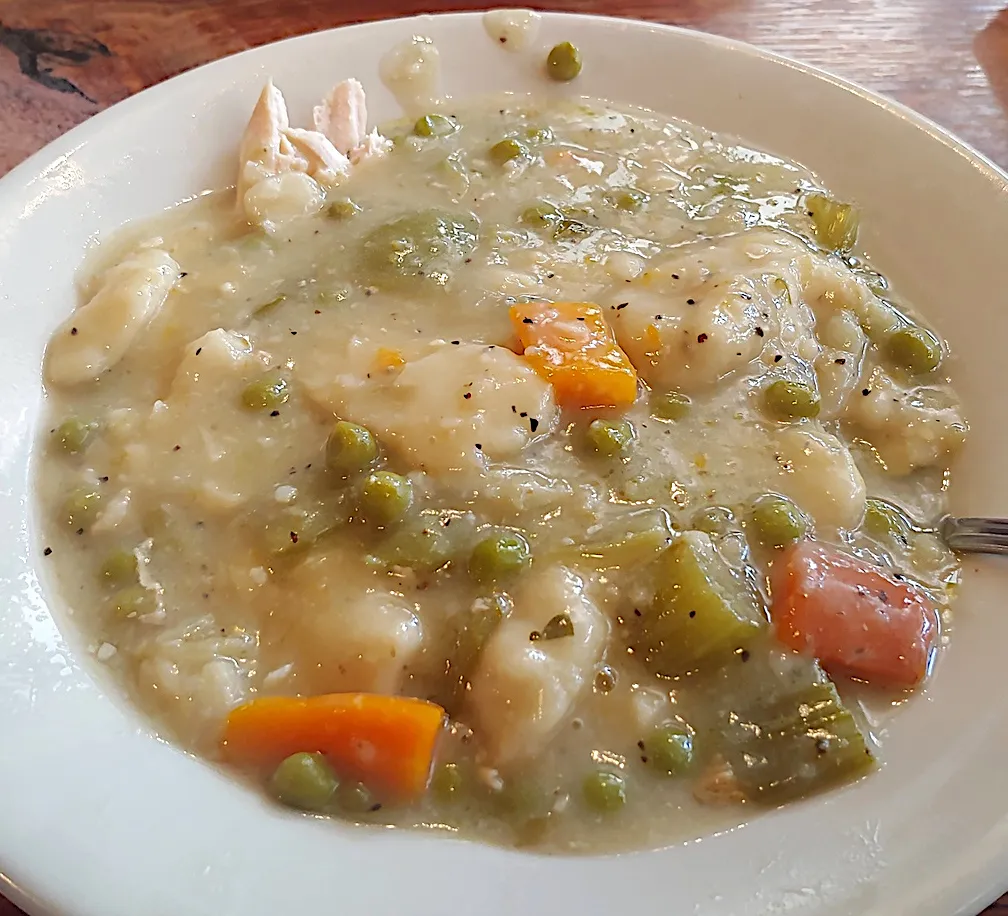 Close-up of a bowl of Chicken and Dumplings