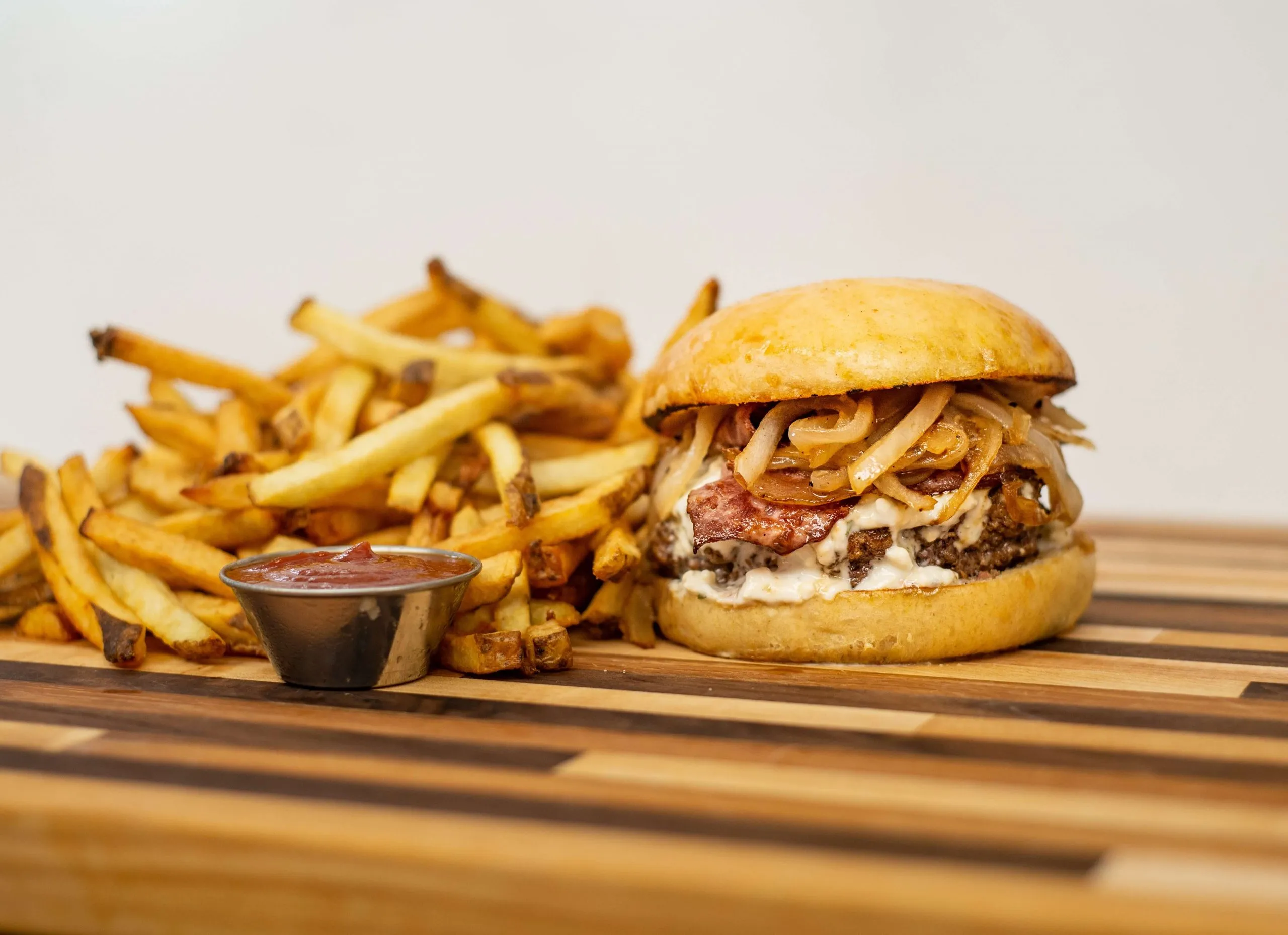 Close-up of a burger and fries meal