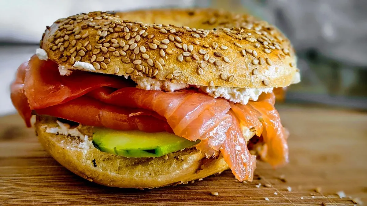 Close-up of a classic New York famous food bagel with cream cheese and lox from Russ & Daughters