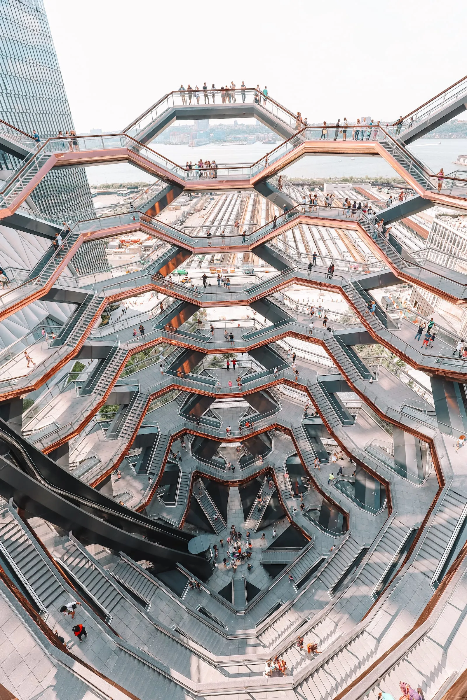 Close-up view of the exterior structure of The Vessel at Hudson Yards