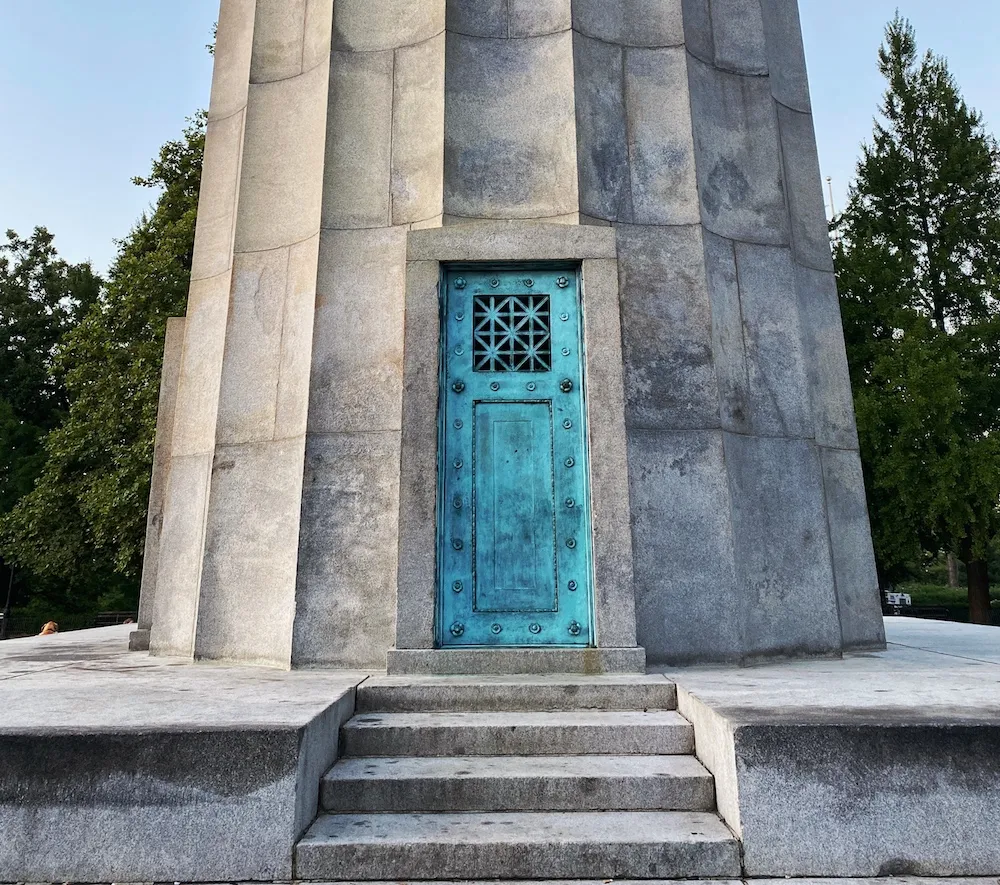 Close-up view of the towering Doric column at the Prison Ship Martyrs' Monument, part of the unique things to do in Brooklyn.
