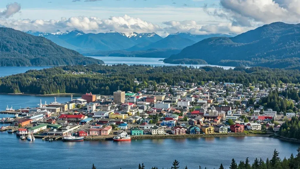 Coastal town of Sitka, Alaska with boats in the harbor