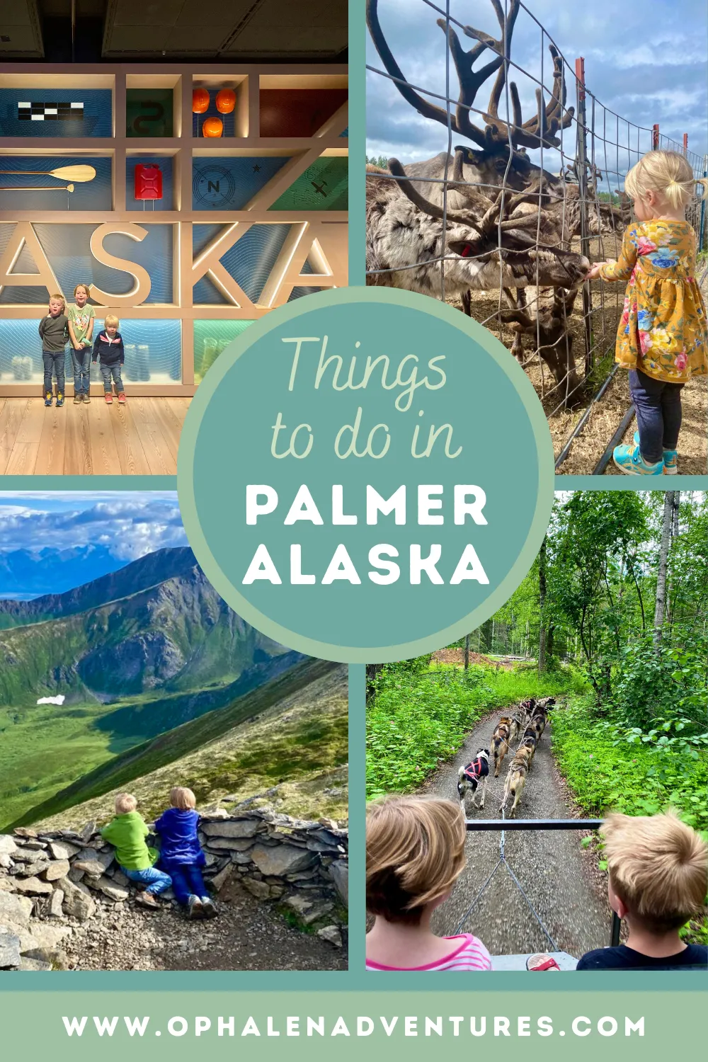 Collage of Fun Things To Do In Alaska including hiking, reindeer, and museums