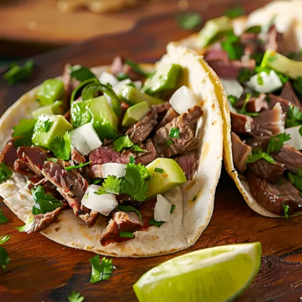 Colorful carne asada tacos with garnishes in a close-up shot, demonstrating Mexican street food learned in a class