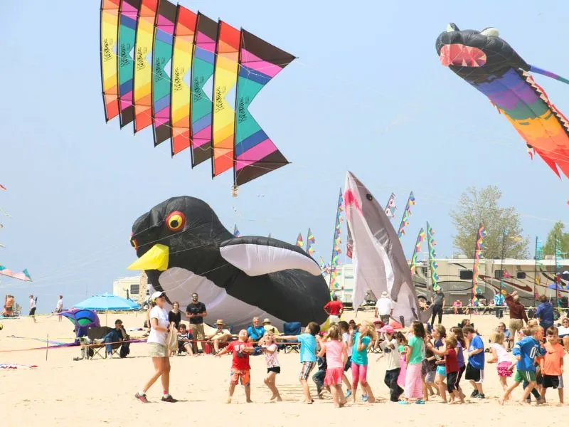 Colorful kites filling the sky above Grand Haven State Park beach at the Kite Festival